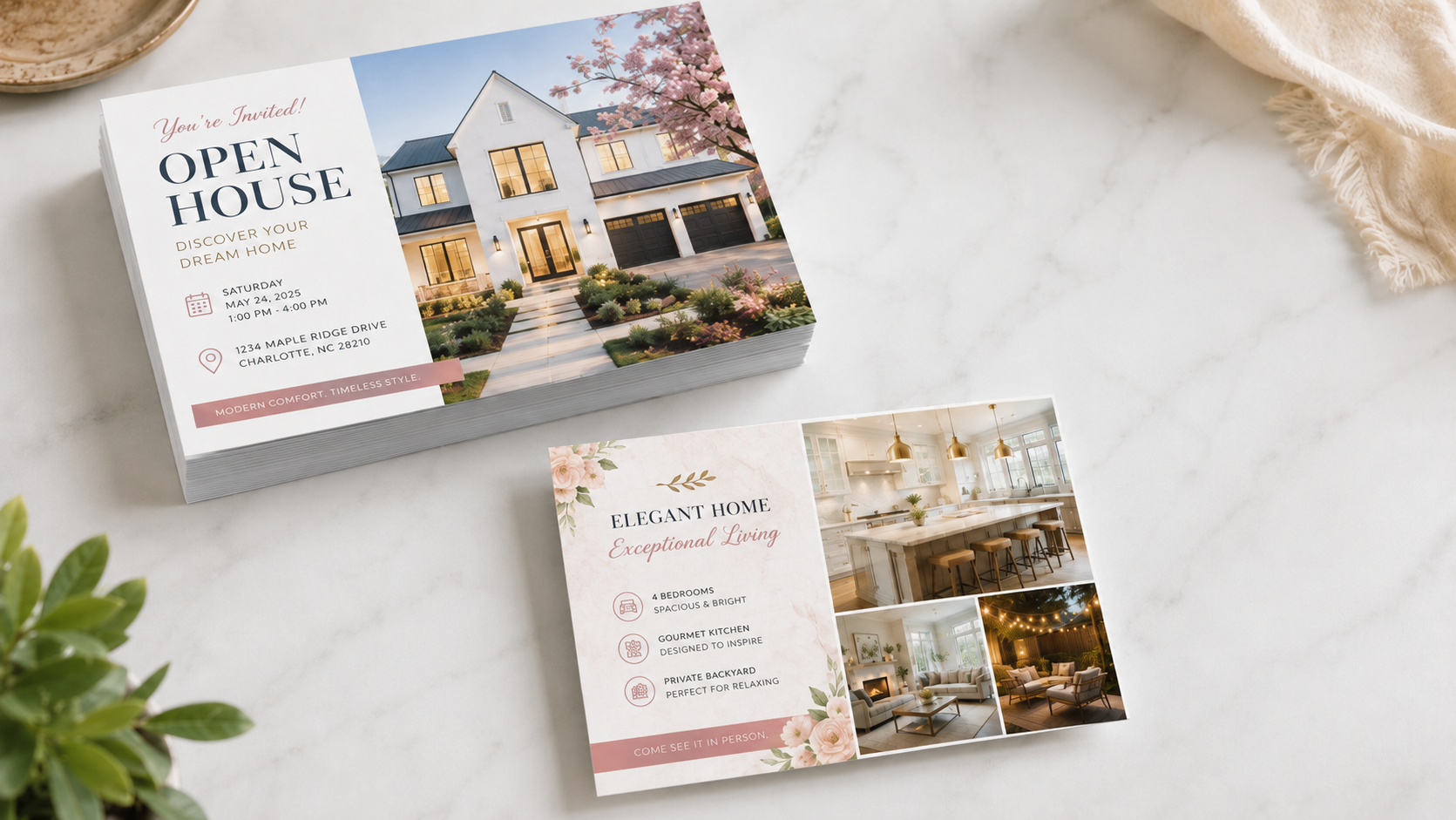 Cards and mailers printed locally for events and real estate